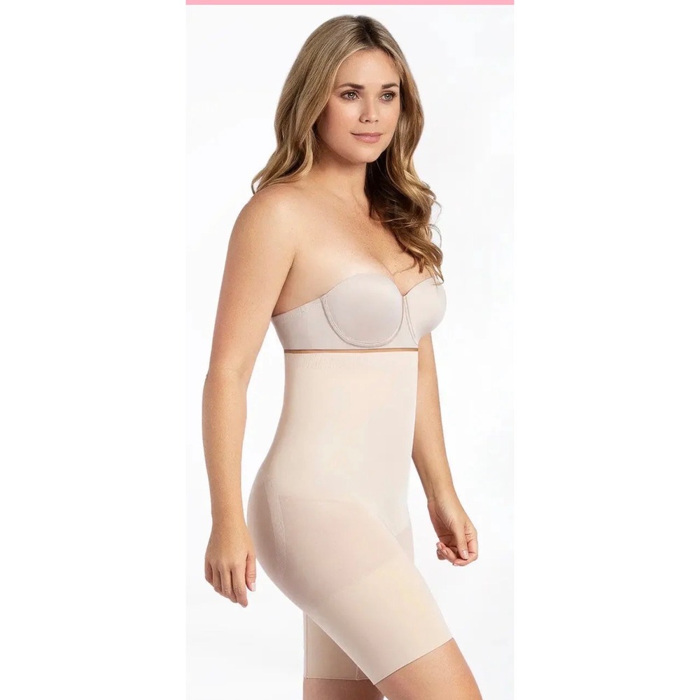 Curveez Hi Waist Thigh Slimmer Shapewear Nude‎ Seamless L NWT